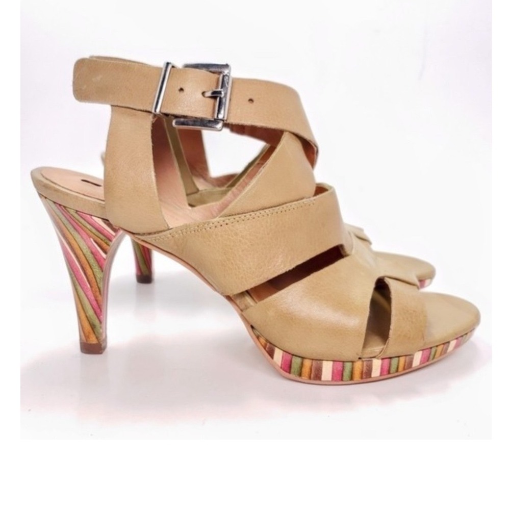 Anthropologie Schuler & Sons Leather Boho Sandals Multicolor Striped Heel 6.5